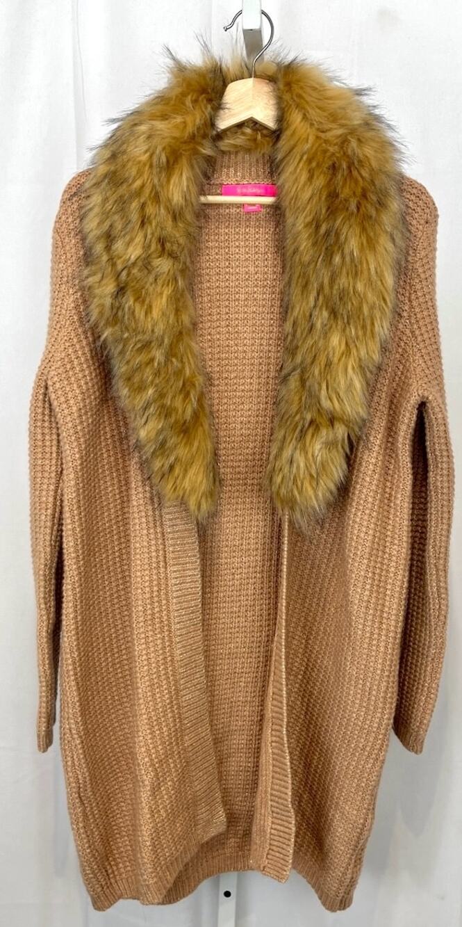 LILLY PULITZER Adelaine Cardigan Sweater Tunic Faux Fur Collar Camel Tan Size M